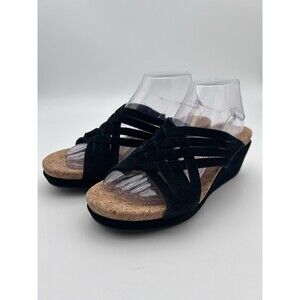 UGG Lilah Wedge Sandals Size 10 Black Suede w Cork Sole 2.5" Heel Woven Suede